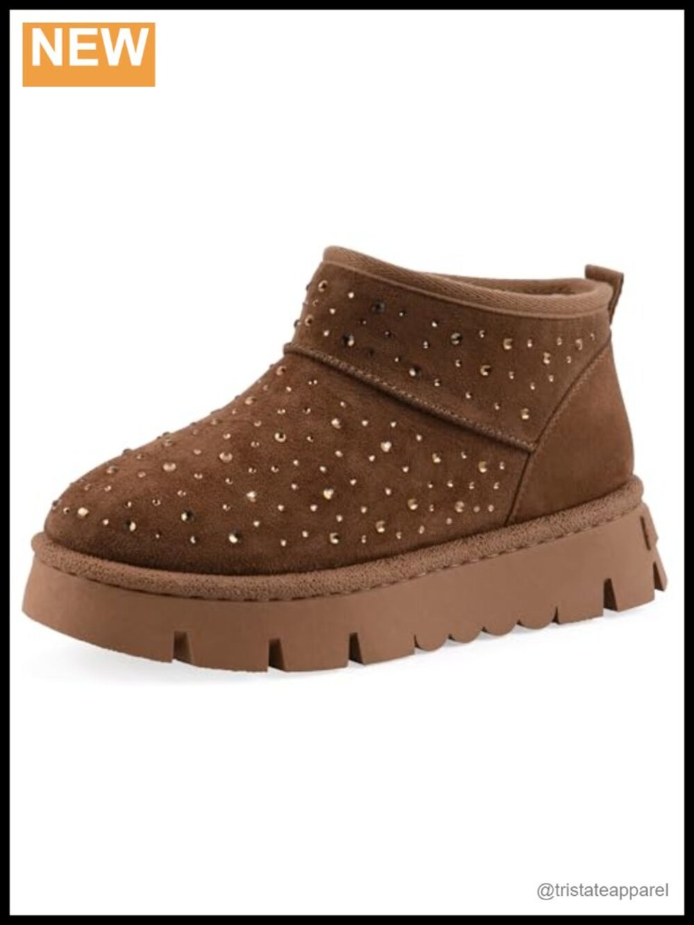 Rhinestone Platform Ankle Bootie Faux Suede Faux Fur Lined Pull-On Boots